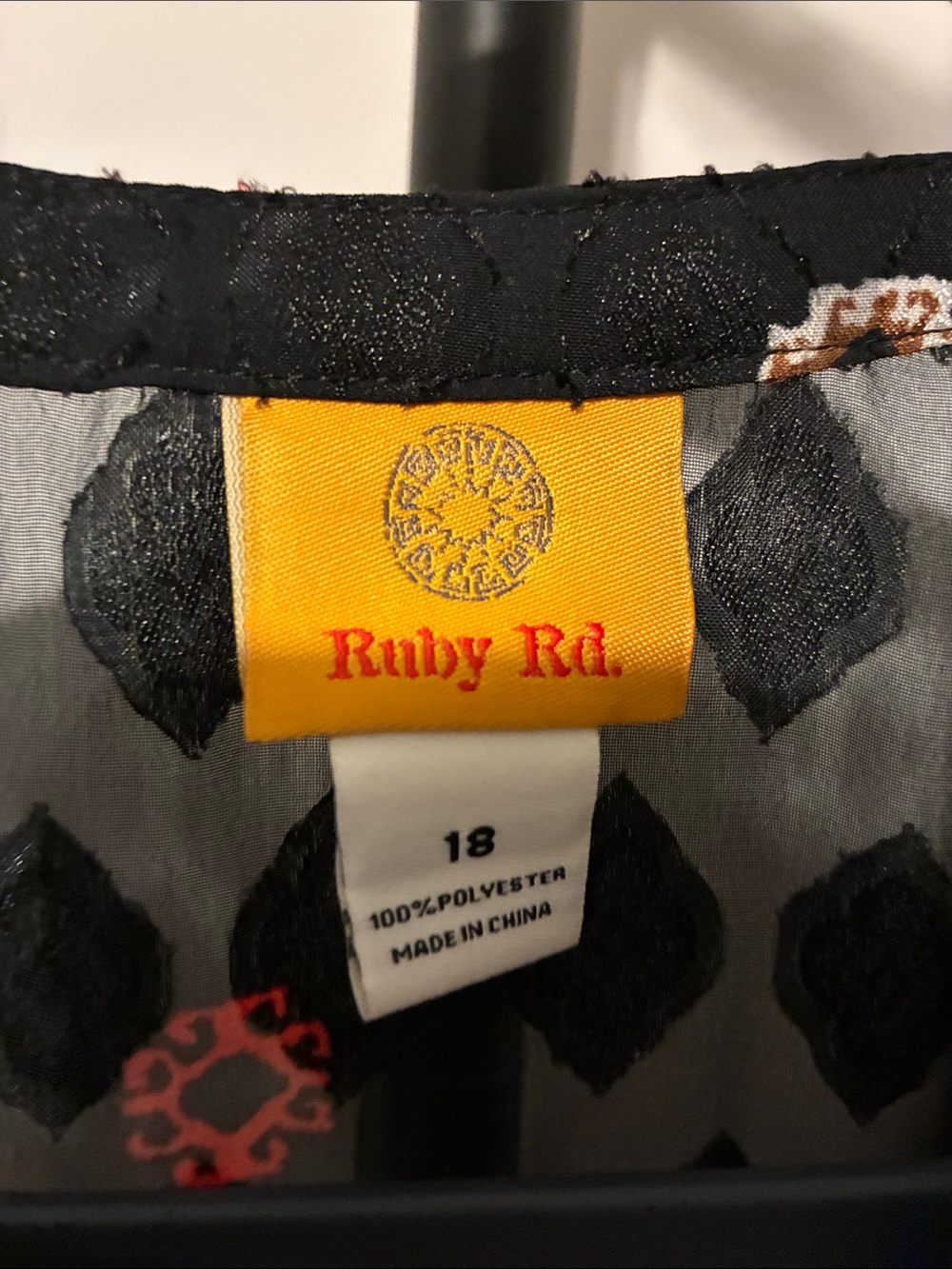 Ruby Rd. Sheer Black Tunic Top with Red, Pink & Gold Medallion Print Size 18 - Picture 2 of 5